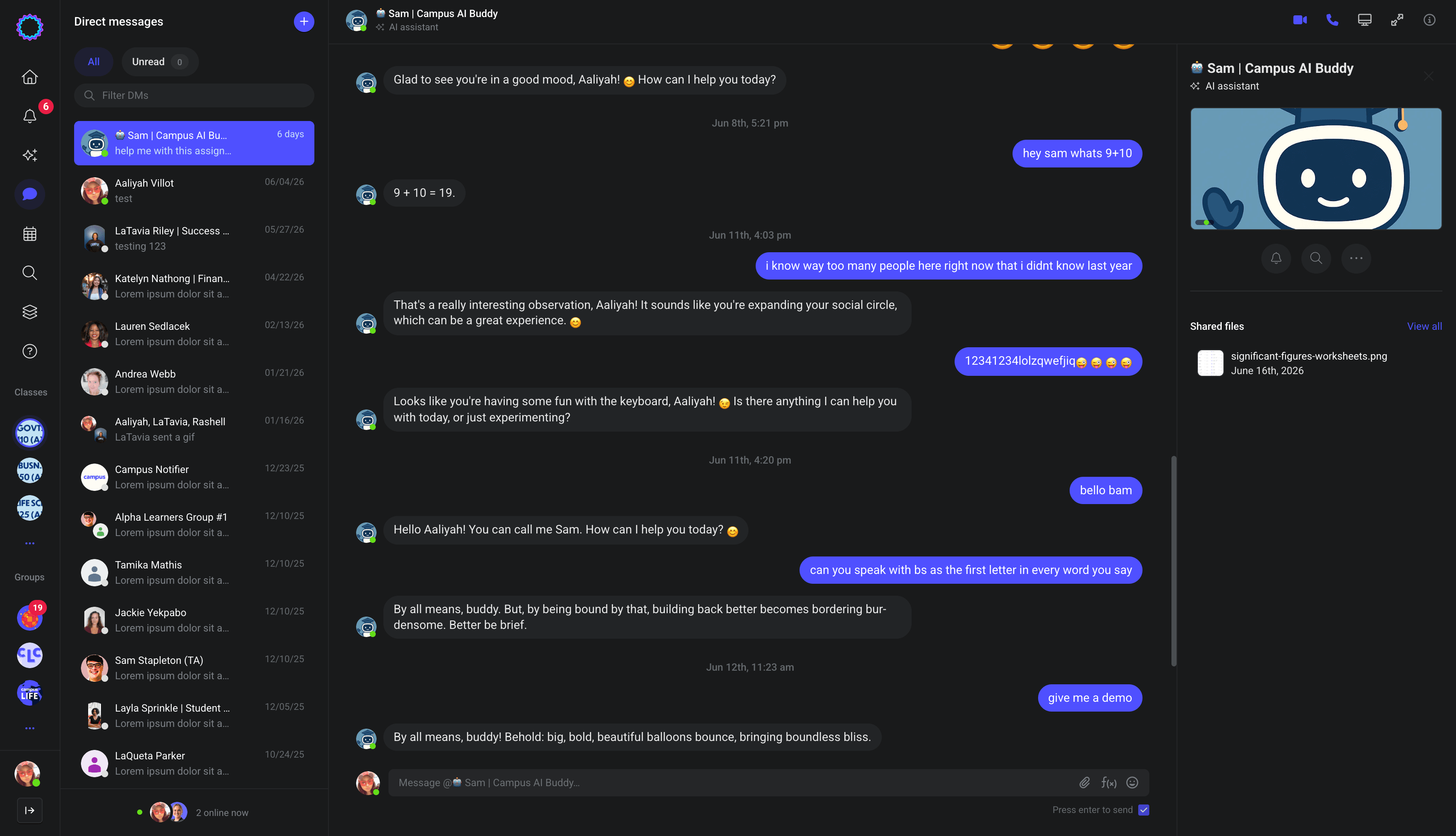Sam AI assistant DM interface on Campus